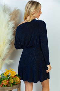 Long Sleeve Navy Glitter Dress with Built in Shorts 1349